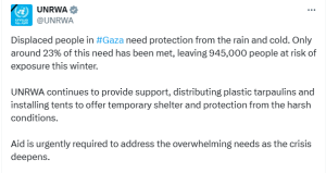 Nearly 1 million displaced Palestinians in Gaza face extreme cold: UN