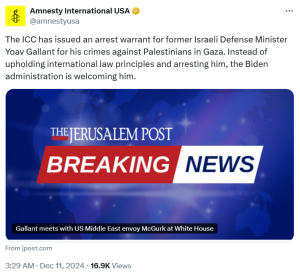 Amnesty International says US &lsquo;welcoming&rsquo; Israel&rsquo;s Gallant despite ICC warrant against him