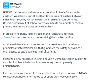 UNRWA forced to suspend services in Jenin camp