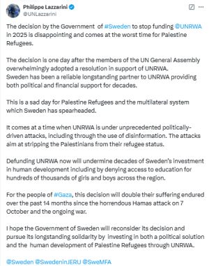 Lazzarini condemns Sweden&rsquo;s decision to stop UNRWA funding
