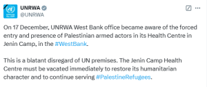 UNRWA condemns &lsquo;blatant disregard of UN premises&rsquo; in West Bank&rsquo;s Jenin