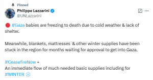 Gaza children freezing to death amid Israeli blockade, warns UNRWA chief