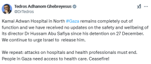 WHO chief urges Israel to release Kamal Adwan Hospital director