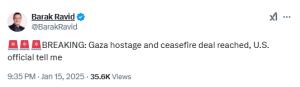 Axios, citing US official, says a Gaza ceasefire deal has been reached