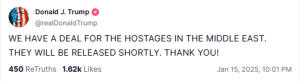 Trump says hostages will be released shortly