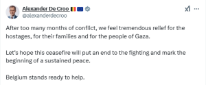 Belgian PM welcomes Gaza ceasefire deal