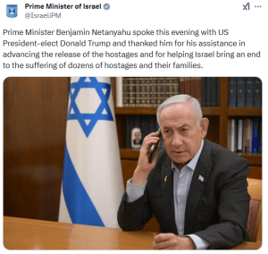 Israel&rsquo;s Netanyahu thanks US President-elect Trump for securing hostages deal