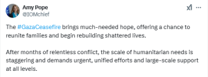 Gaza ceasefire brings &lsquo;much-needed hope&rsquo;: UN migration agency