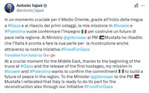Italy says eyeing peace, Gaza reconstruction as FM visits region