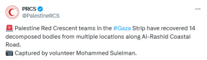 14 decomposed bodies found along Gaza&rsquo;s al-Rashid Road: PRCS