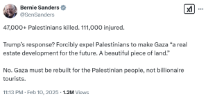 US Senator Bernie Sanders rejects Trump&rsquo;s plan, says Gaza &lsquo;must be rebuilt&rsquo;