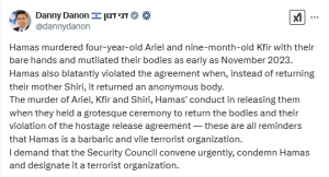 Israeli ambassador to UN calls on Security Council to condemn Hamas