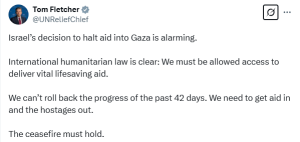 Israel&rsquo;s halt of Gaza aid &lsquo;alarming&rsquo;: UN humanitarian chief