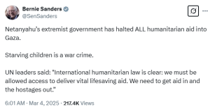 &lsquo;Starving children is a war crime&rsquo;: US Senator Bernie Sanders reacts to Israel halting Gaza aid