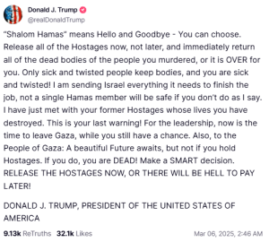 Trump warns Gaza &lsquo;you are dead&rsquo; if hostages not freed