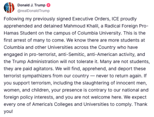 Arrest of Palestinian student at Columbia is first &lsquo;of many to come&rsquo;: Trump