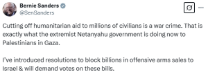 US Senator Bernie Sanders calls Israel&rsquo;s blockade of aid &lsquo;war crime&rsquo;
