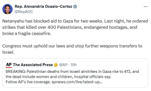 US Congresswoman says US must stop sending weapons to Israel
