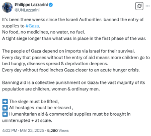 Banning aid a collective punishment on Gaza: UNRWA chief