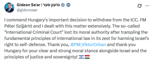 Israeli Foreign Minister Gideon Saar praises Hungary&rsquo;s ICC withdrawal
