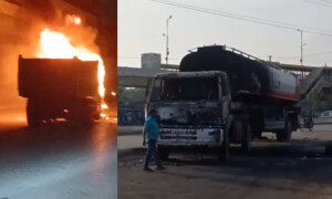 کراچی: ڈمپر کی ٹکر سے موٹرسائیکل سوار زخمی، مشتعل افراد نے 5 ڈمپر، 4 ٹینکر اور ٹرک جلادیا