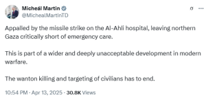 Ireland &lsquo;appalled&rsquo; by Israeli attack on Gaza&rsquo;s Al-Ahli Hospital