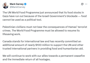 Canada PM Carney condemns Israeli blockade on food, says WFP must be allowed to work in Gaza