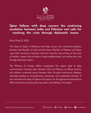 Qatar expresses &lsquo;deep concern&rsquo; on escalation between India and Pakistan