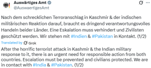 Berlin says &lsquo;escalation must be prevented&rsquo; after India-Pakistan clashes