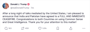 US President Trump says India, Pakistan have agreed to full, immediate ceasefire