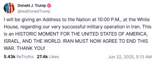 Trump says Iran &lsquo;must agree&rsquo; to end war, will address nation in an hour