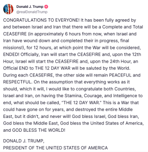 Ceasefire to &lsquo;12-Day War&rsquo; agreed between Iran and Israel: Trump