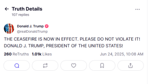 Trump announces ceasefire in effect, says &lsquo;please do not violate it&rsquo;