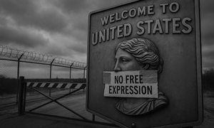 You are welcome to the land of the free … only if you are willing to give up your freedom of speech