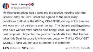 Trump urges Hamas to accept 60-day Gaza ceasefire deal