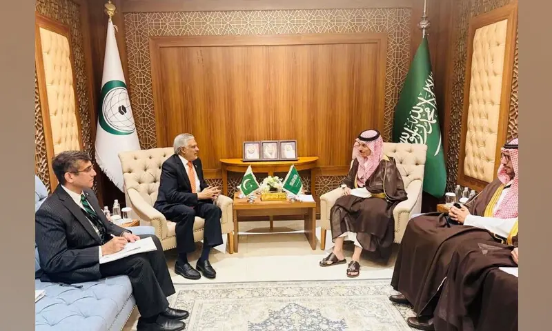 وزیرخارجہ اسحٰق ڈار کی سعودی ہم منصب سے ملاقات، غزہ کی صورتحال پر تبادلہ خیال