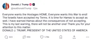 Trump issues &lsquo;last warning&rsquo; to Hamas to accept hostage deal