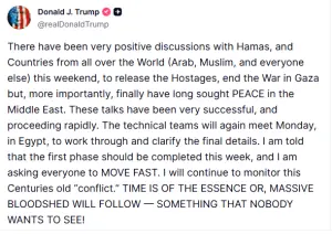 Trump urges Gaza peace negotiators to &lsquo;move fast&rsquo;