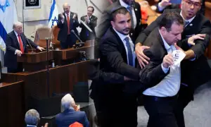 امریکی صدر کے خطاب کے دوران اسرائیلی پارلیمنٹ میں احتجاج، فلسطینی ریاست کے حق میں نعرے