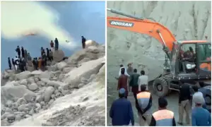 چلاس میں شاہراہ قراقرم پر لینڈسلائیڈنگ، 6 گاڑیاں ملبے تلے دب گئیں، 2 دریا میں جاگریں