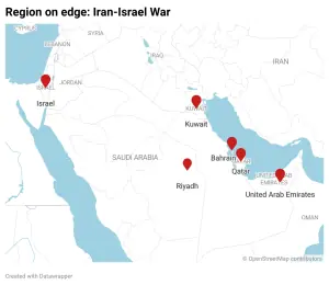 Map shows regional countries reporting explosions after US, Israel strikes against Iran