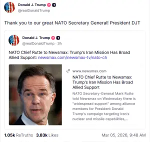 Trump thanks Nato Secretary Mark Rutte for expressing support on &lsquo;massive scale&rsquo;