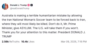 Trump urges Australia to grant asylum to Iranian women footballers