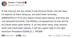 Trump warns of severe military consequences if Iran mines Strait of Hormuz