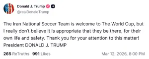 Trump discourages Iran from playing at FIFA World Cup &lsquo;for their own life and safety&rsquo;