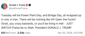 Trump says Iran&rsquo;s power plants, bridges to be hit if Hormuz strait not re-opened