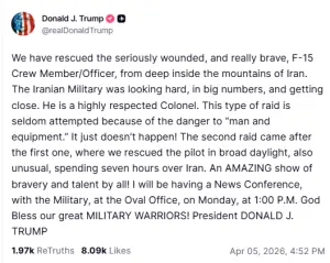US forces rescued F-15 crew member from &lsquo;deep inside the mountains of Iran&rsquo;, says Trump