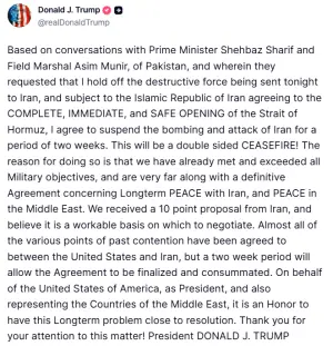Trump accepts proposal for two-week ceasefire presented by PM Shehbaz