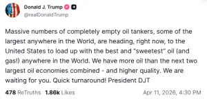 Trump says empty oil tankers heading to the United States