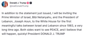Trump to invite Lebanon&rsquo;s Aoun, Israel&rsquo;s Netanyahu to White House for &lsquo;meaningful talks&rsquo;